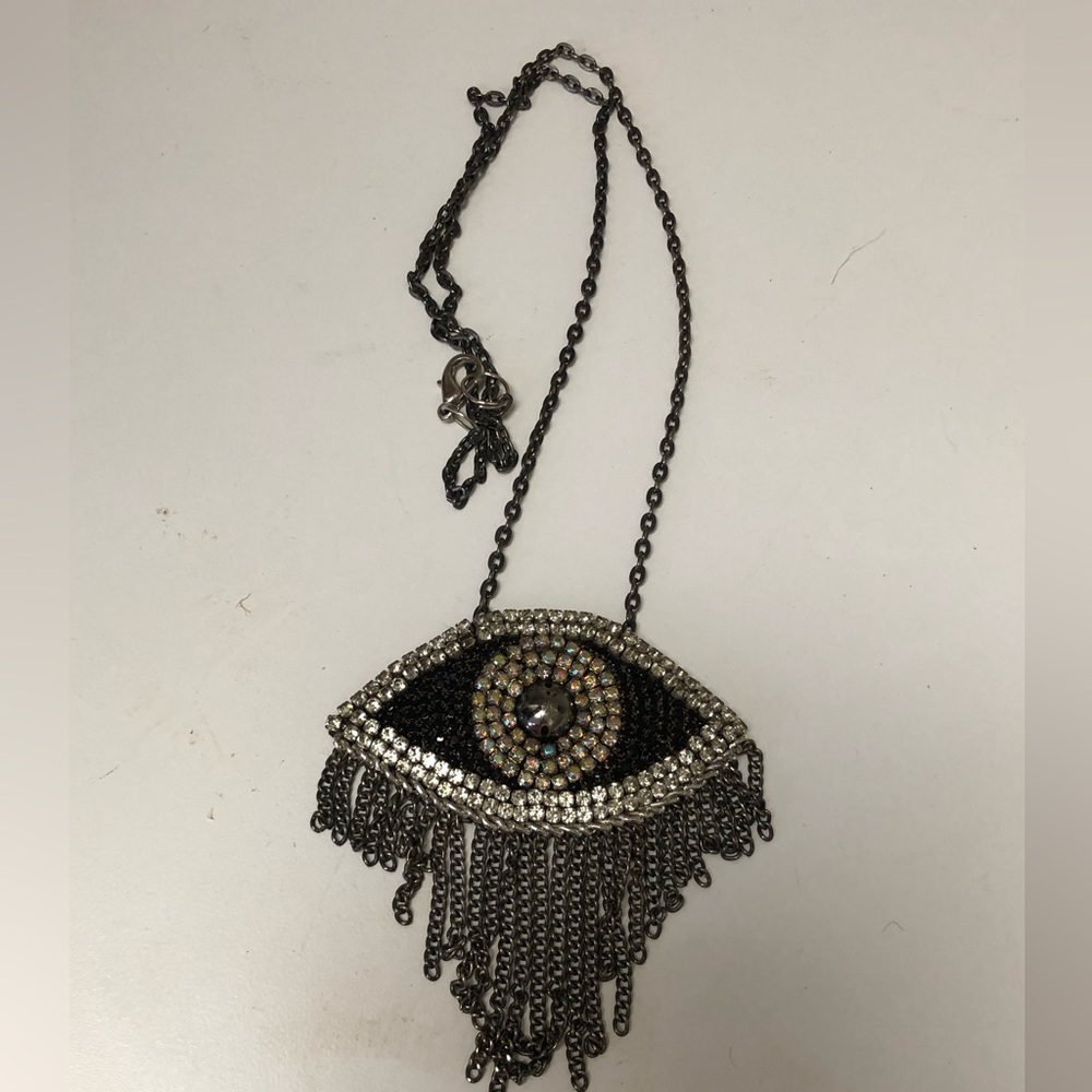 VTG Evil Eye Beaded Crystals Chain Necklace 14” Long Felted Back Missing 1 Stone